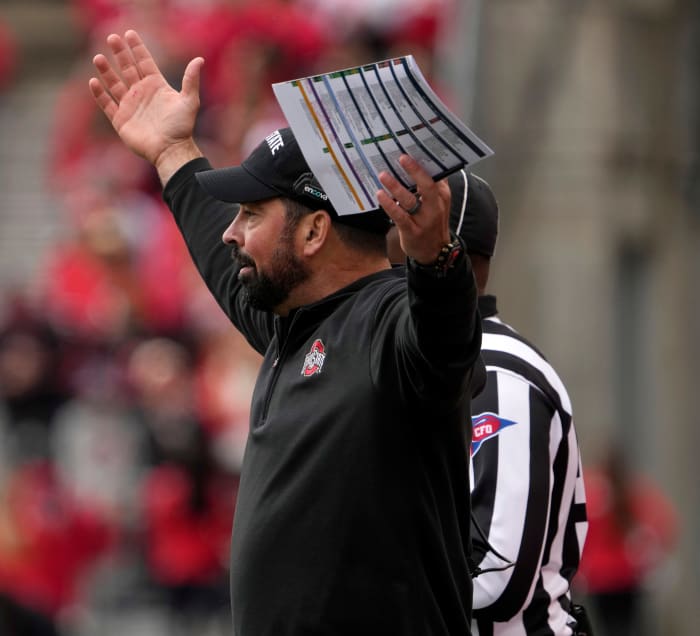 Ohio State Buckeyes head coach Ryan Day protests a call during the first half of Saturday's NCAA Division I football game against the Maryland Terrapins at Ohio Stadium